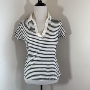 ALLUDE Farfetch T-Shirt Top XS White Black Striped 100% Cotton Collar V Neck